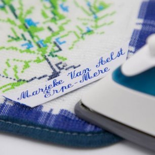 Instrijklabel met 2 tekstlijnen, model 203, blauw op wit Instrijklabels met naam